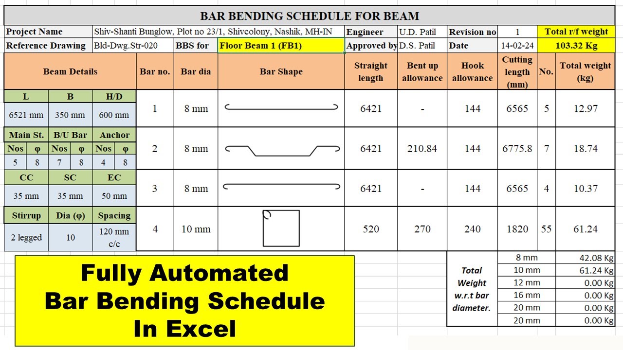 Automatic Calculation Bar Bending Schedule Sheet for Beam in Excel.