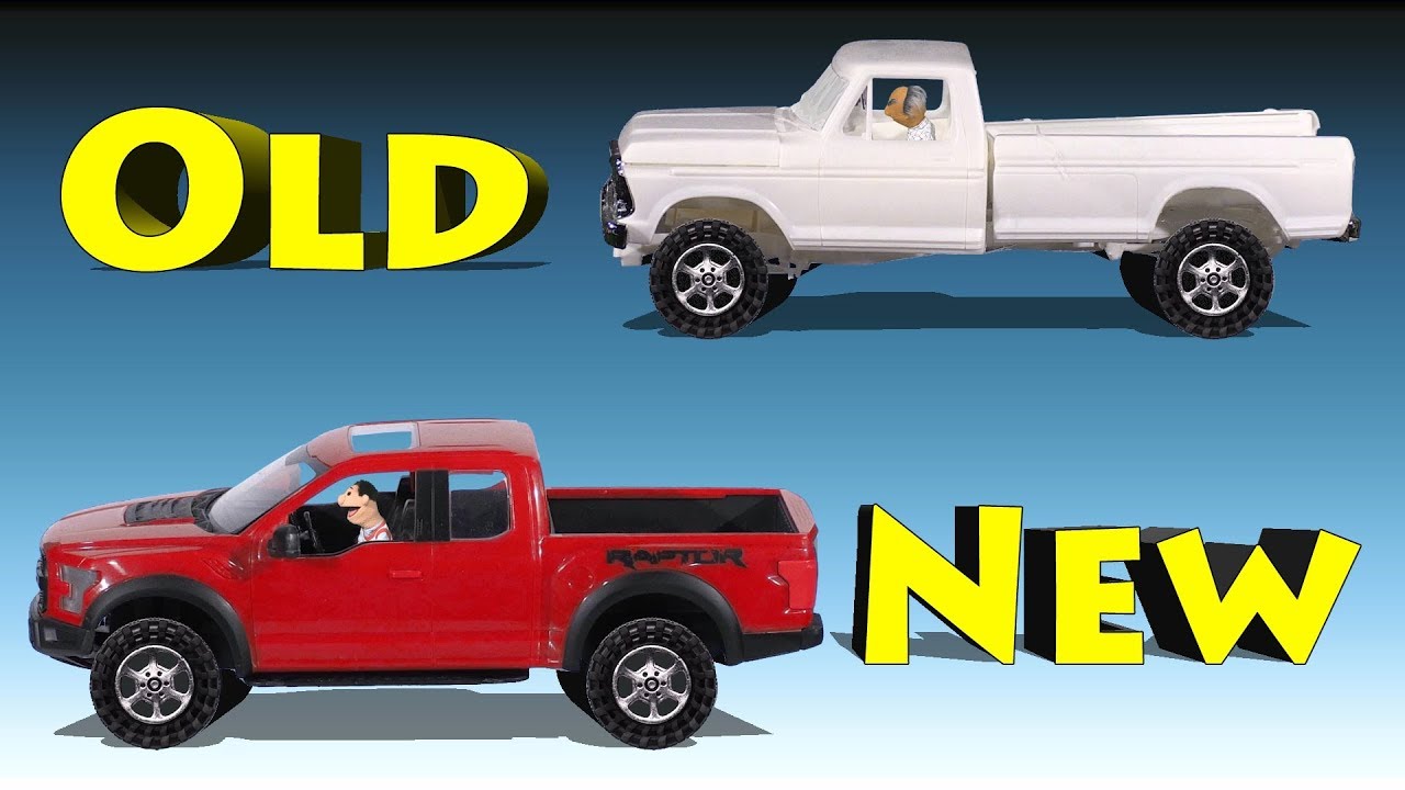Learn Opposites Old and New - Old Ford F-100 and New Ford Raptor Trucks