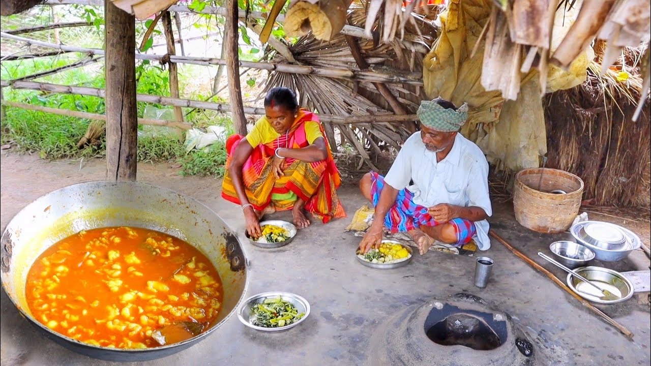 potato curry with mutton and pui shak recipe cooking & eating by our santali grand maa