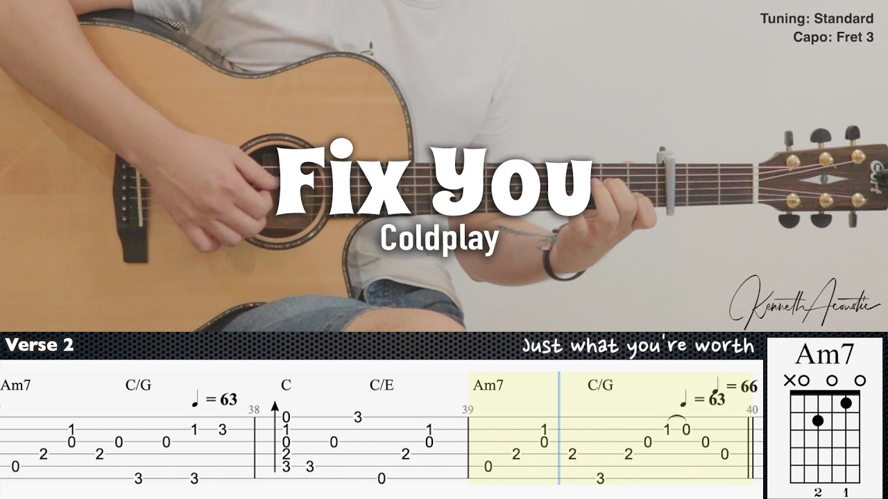 Fix You - Coldplay | Fingerstyle Guitar | TAB + Chords + Lyrics