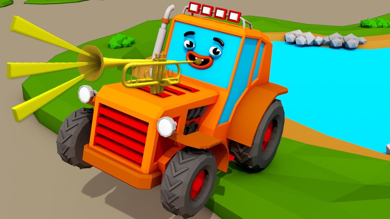 Trator toca trompete | Carros para crianças - 3D Desenhos animados - Caminhão e Carros Crianças