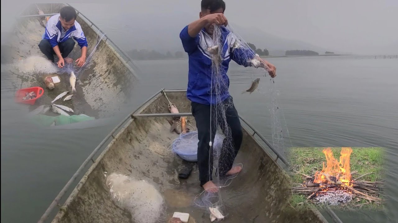 A Chinh ở quê phát cỏ quế.Tranh thủ ra hồ kiếm cá nướng tươi trên đảo.Cá dính dày lưới gỡ mõi tay