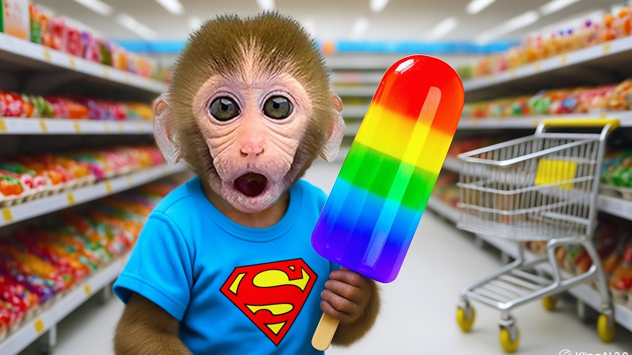 小猴子 Gogo 在超市吃彩虹冰棒时吓了一跳🍦🌈| Gogo Monkey Life