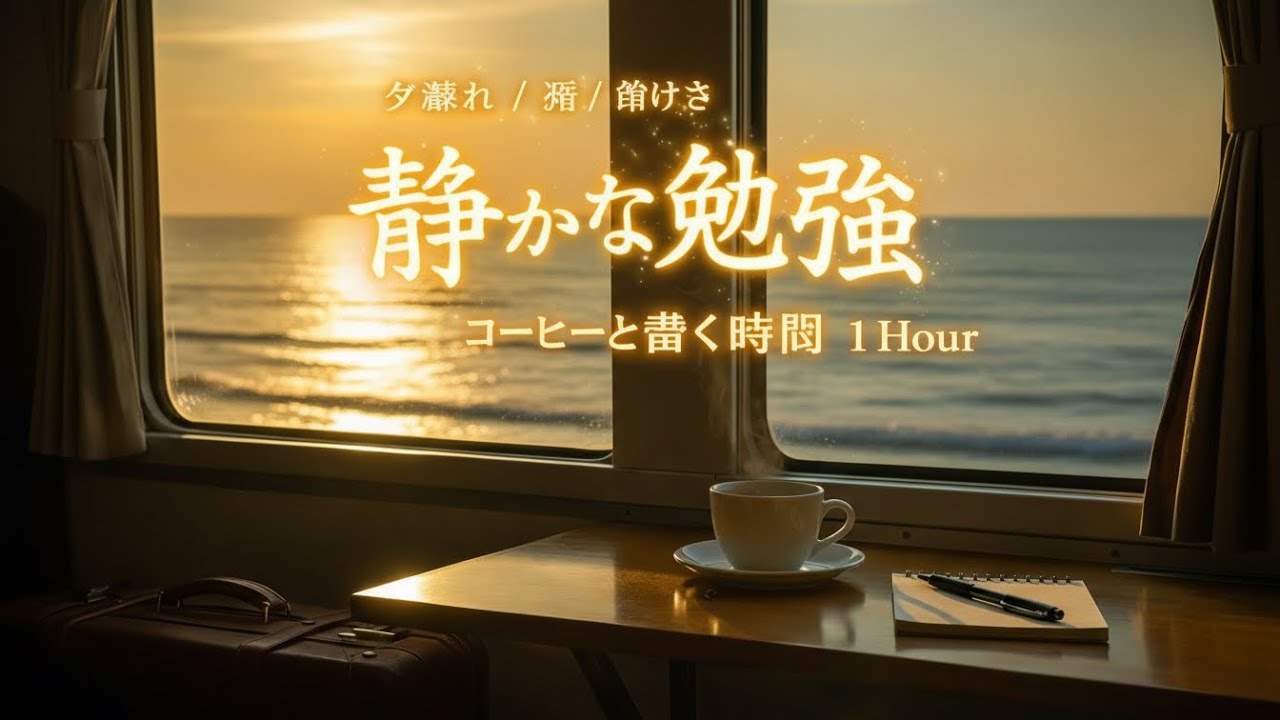 【勉強・作業用BGM】夕暮れの海を眺めながらコーヒーと書く静かな勉強時間《1 Hour》【作業用BGM / 集中 / リラックス】[No Ads]