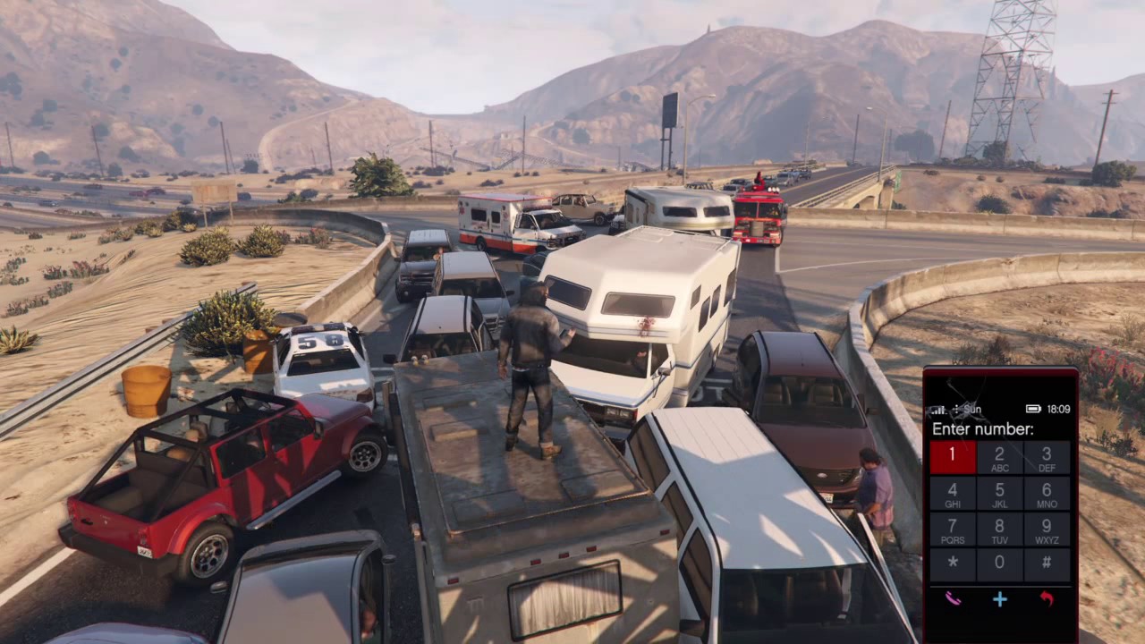 GTA V - random chaos: traffic jam on freeway overpass