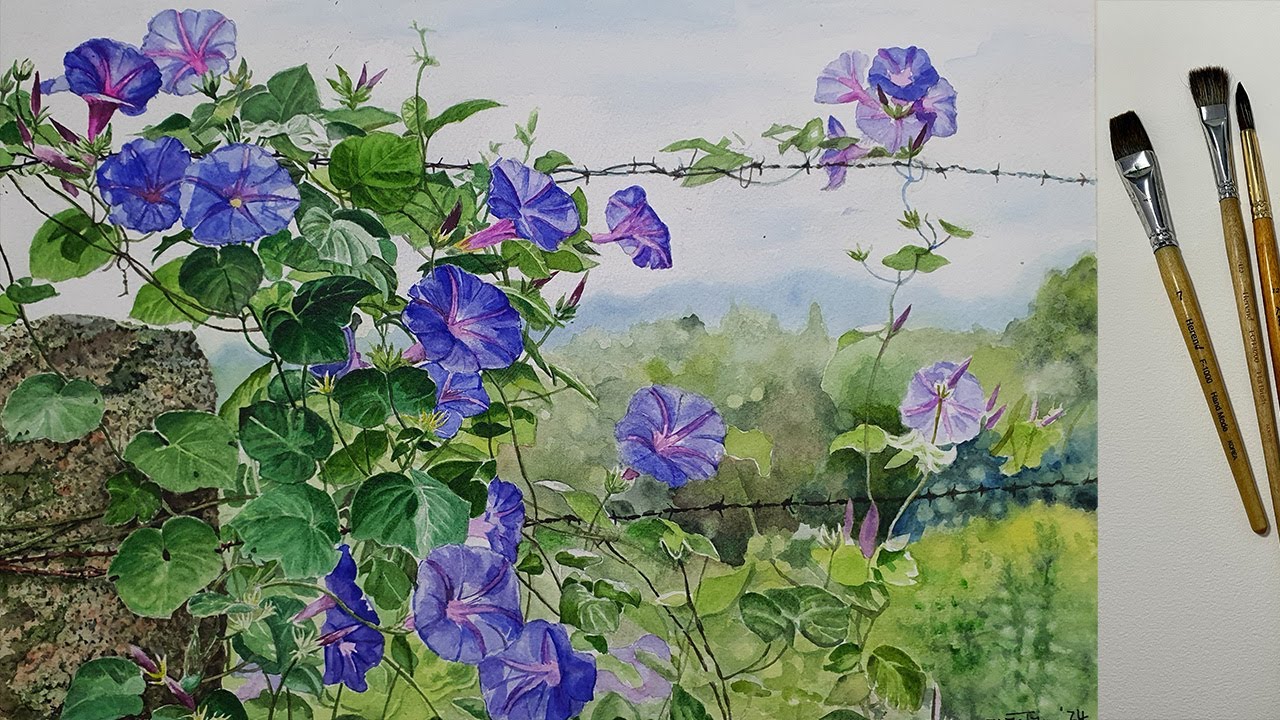 섬세한 수채화 나팔꽃 풍경화, 꽃 그림 그리기