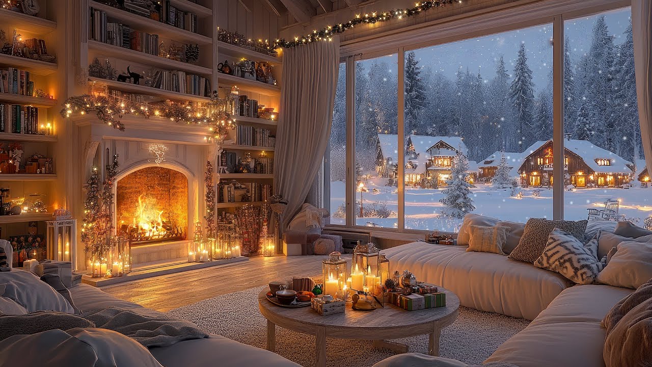 Cozy Night Space in Snowy Winter ❄ Gentle Piano and Fireplace Sounds Help Relax and Sleep Deeply 🎶