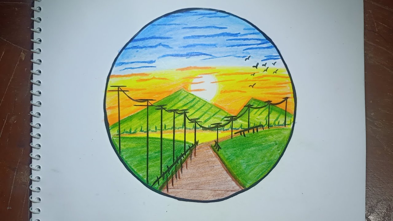 Pencil colour drawing  - beautiful sunrise scenery  | mountain easy scenery