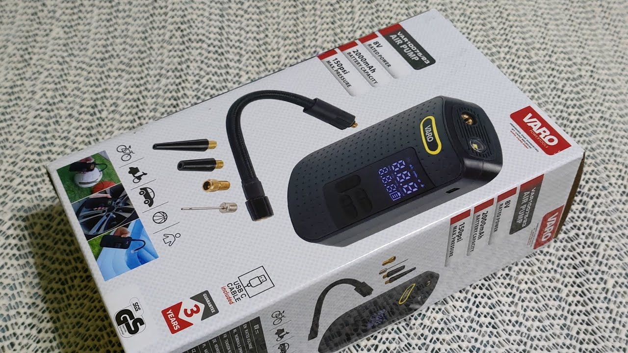 Kompresor Akumulatorowy Pompka Elektryczna VARO 10075/23 2000MAH Unboxing