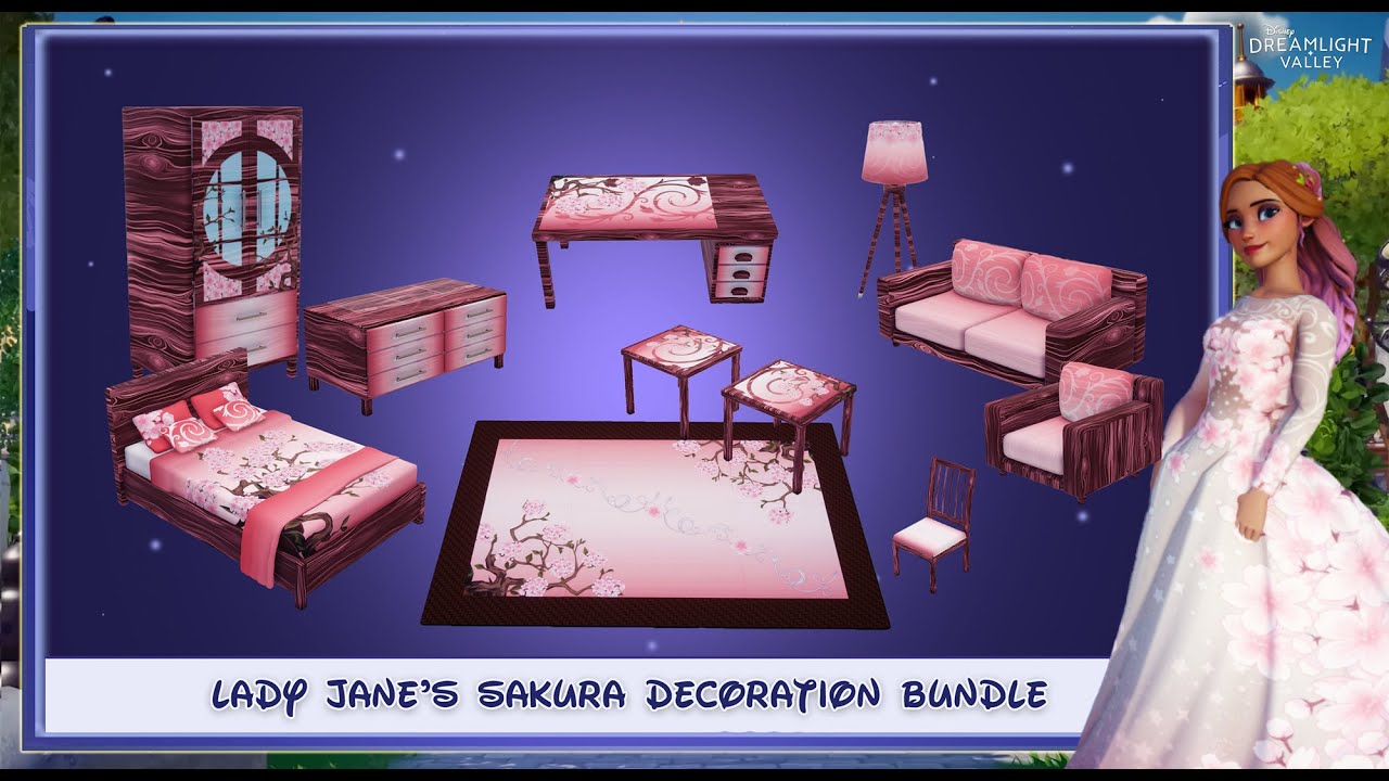 Disney Dreamlight Valley - Lady Jane's Sakura Decoration Bundle - Custom Furniture and Dress