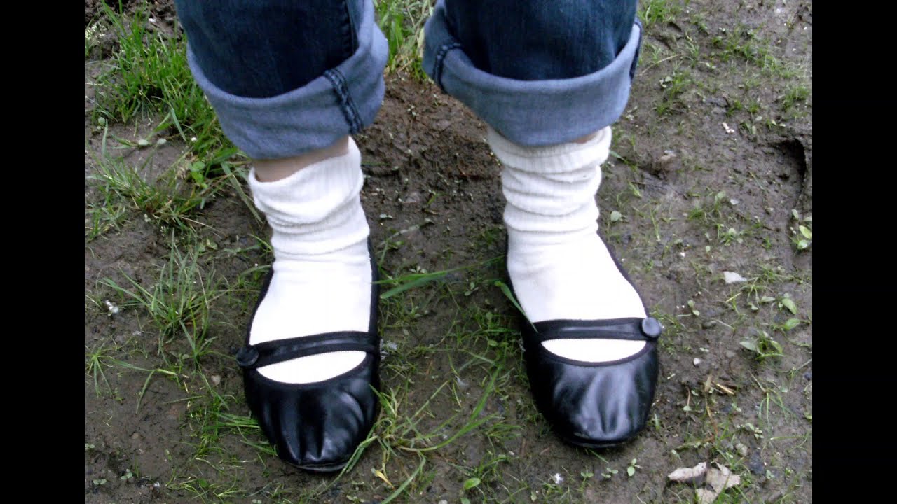 AE Bridget Black Mary Jane Flats With White Socks Muddy