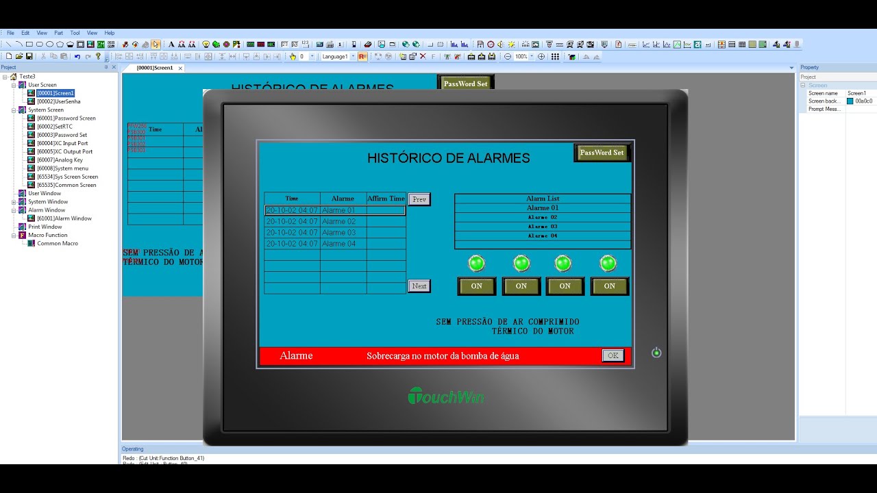 HMI Xinje TouchWin, Descrição de lógica de Alarmes, Histórico e senhas
