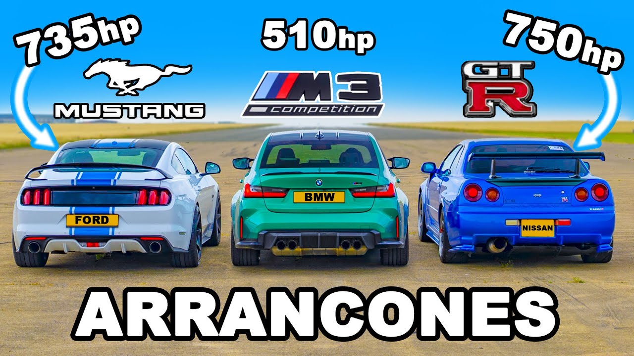 750hp Nissan Skyline R34 GT-R vs 735hp Mustang vs BMW M3: ARRANCONES
