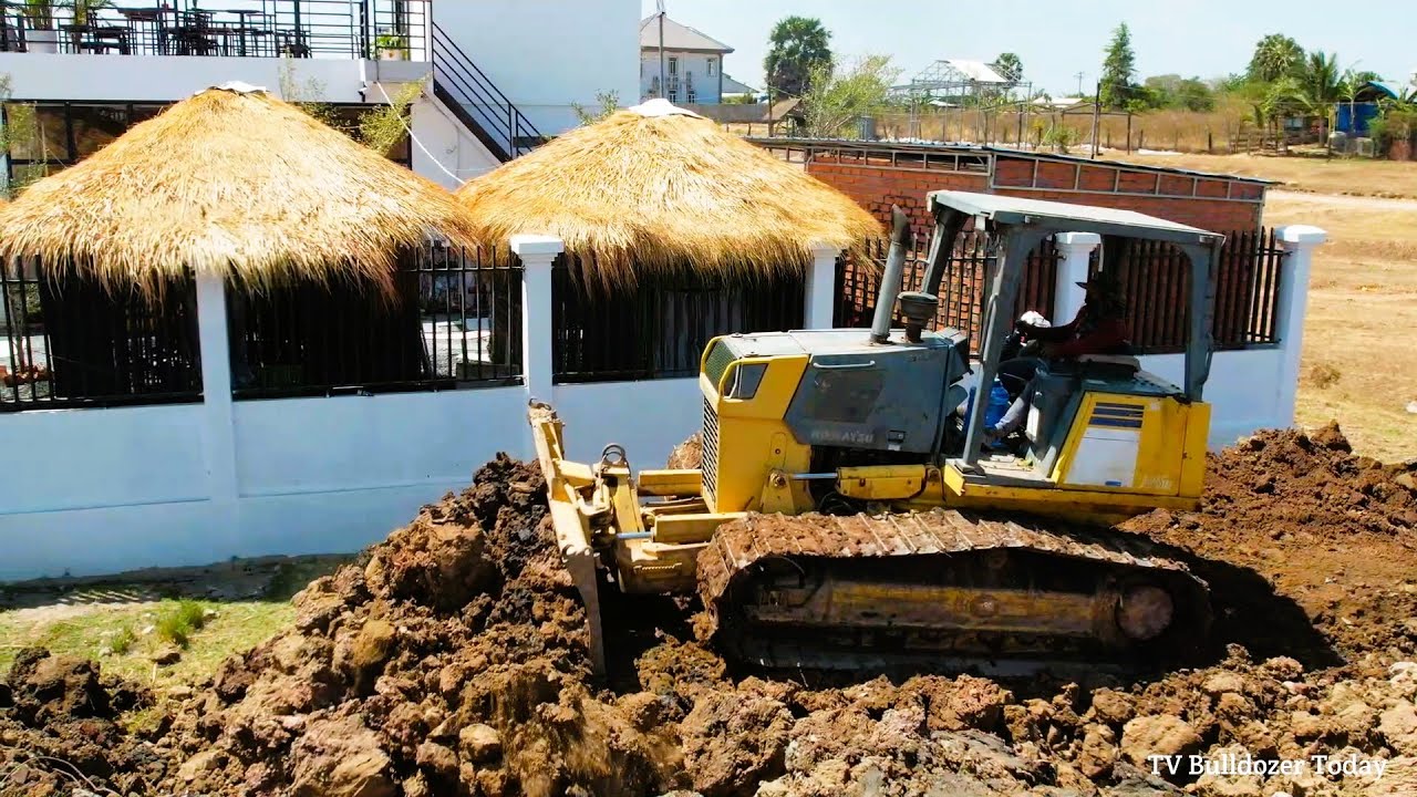 Start And Finish New Project Filling  By KOMATSU D39PX Pushing Soil & 22Ton Truck Unloading Soil