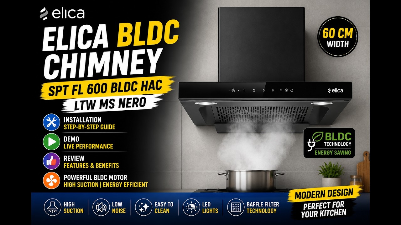All features of Elica BLDC Chimney - Installation - Demo - Review - SPT FL 600 BLDC HAC LTW MS NERO
