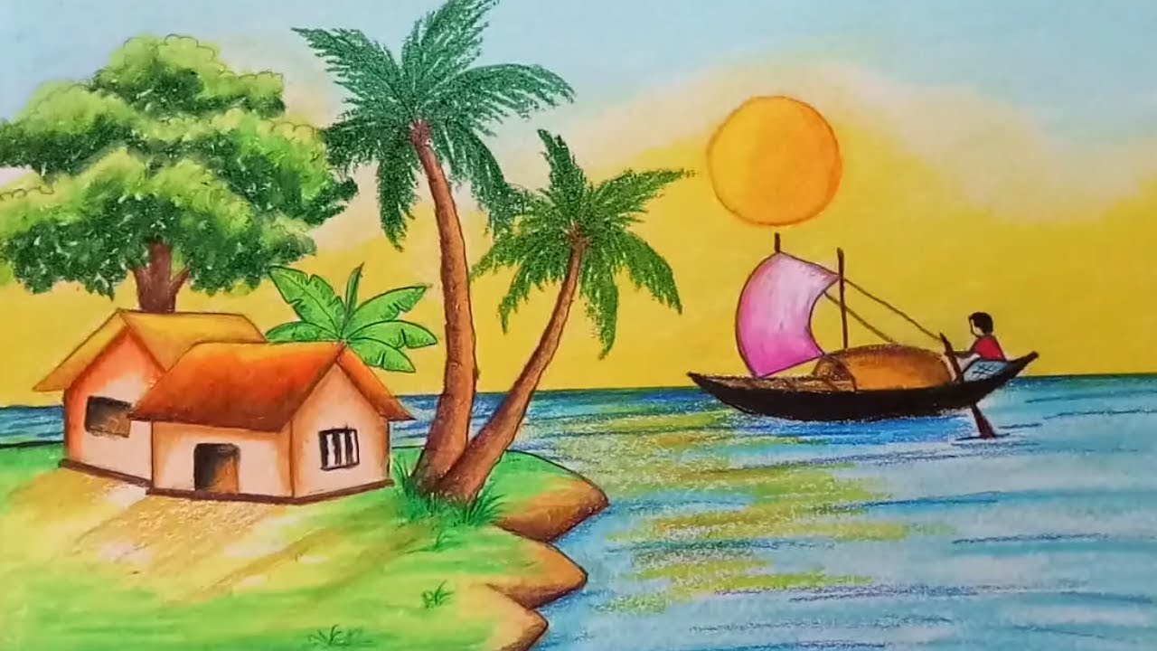 How to draw scenery of River side Village.Step by step (easy draw)