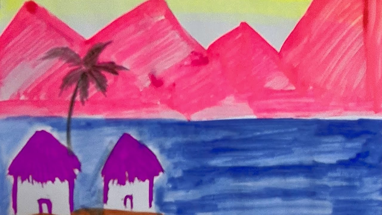 Pink mountains blue water #painting #viral 
