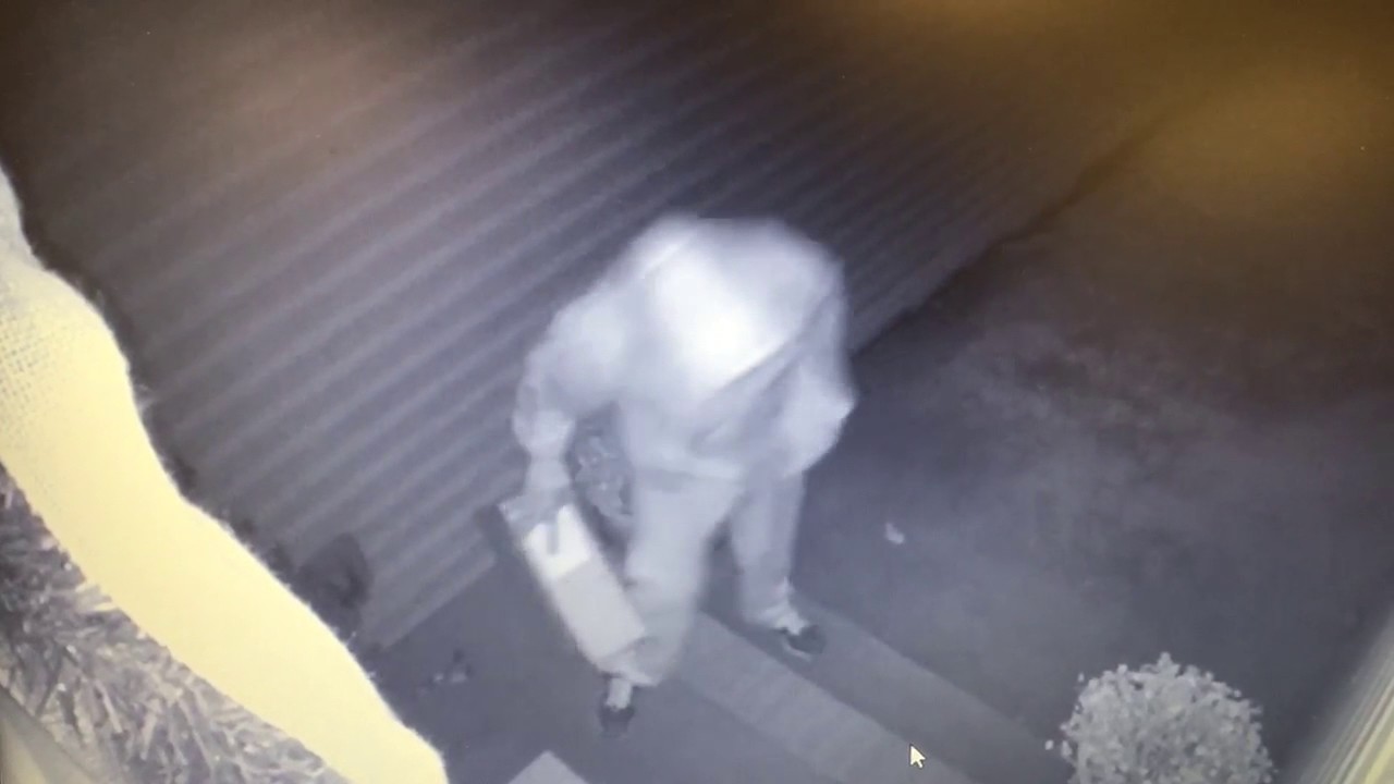 Front porch holiday package theft captured on camera