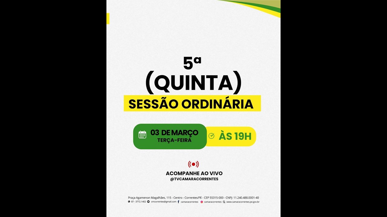 #Live 5ª Sessão Ordinária do 3° Período Legislativo da Câmara Municipal de Correntes/PE - 03-03-26