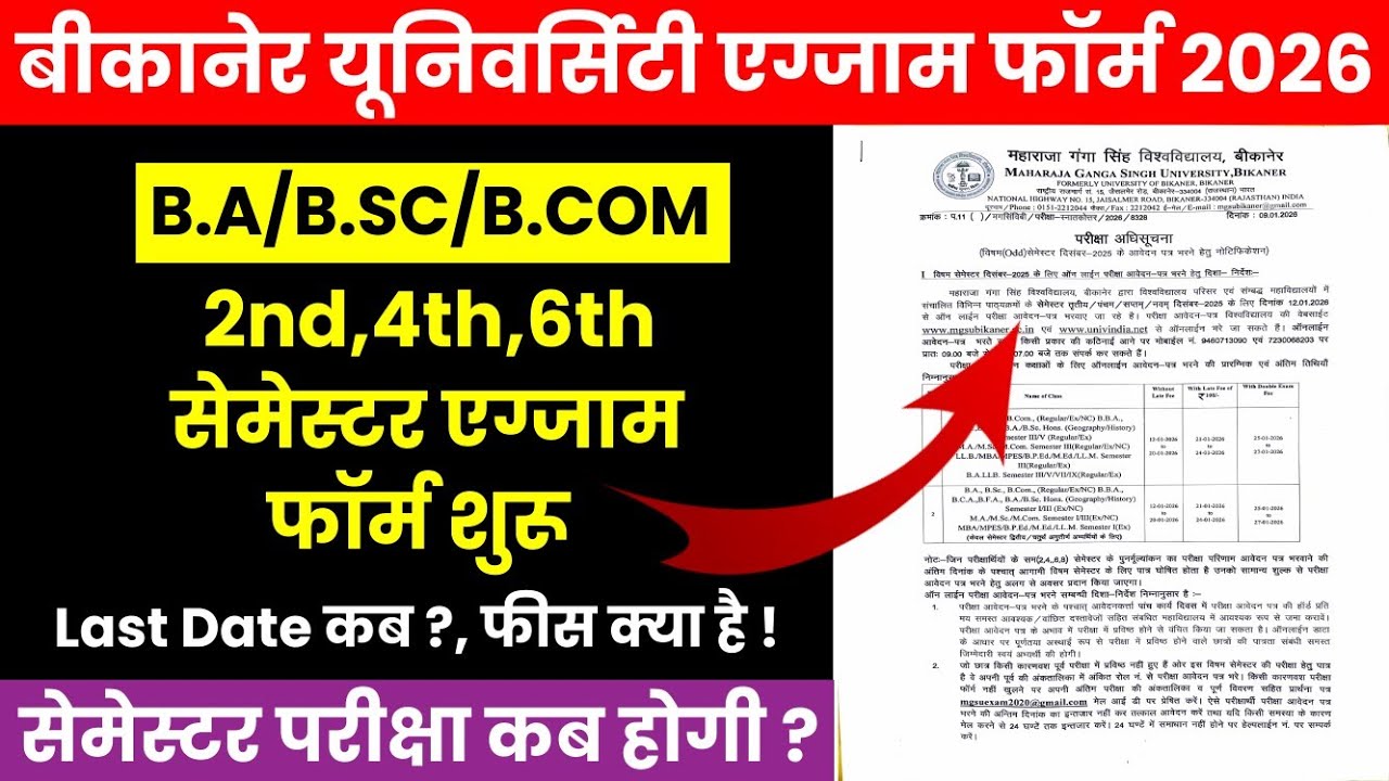 MGSU UG 2nd 4th 6th Semester एग्जाम फॉर्म 2026 Start | MGSU B.A B.SC Exam Form Last Date, Fees 2026
