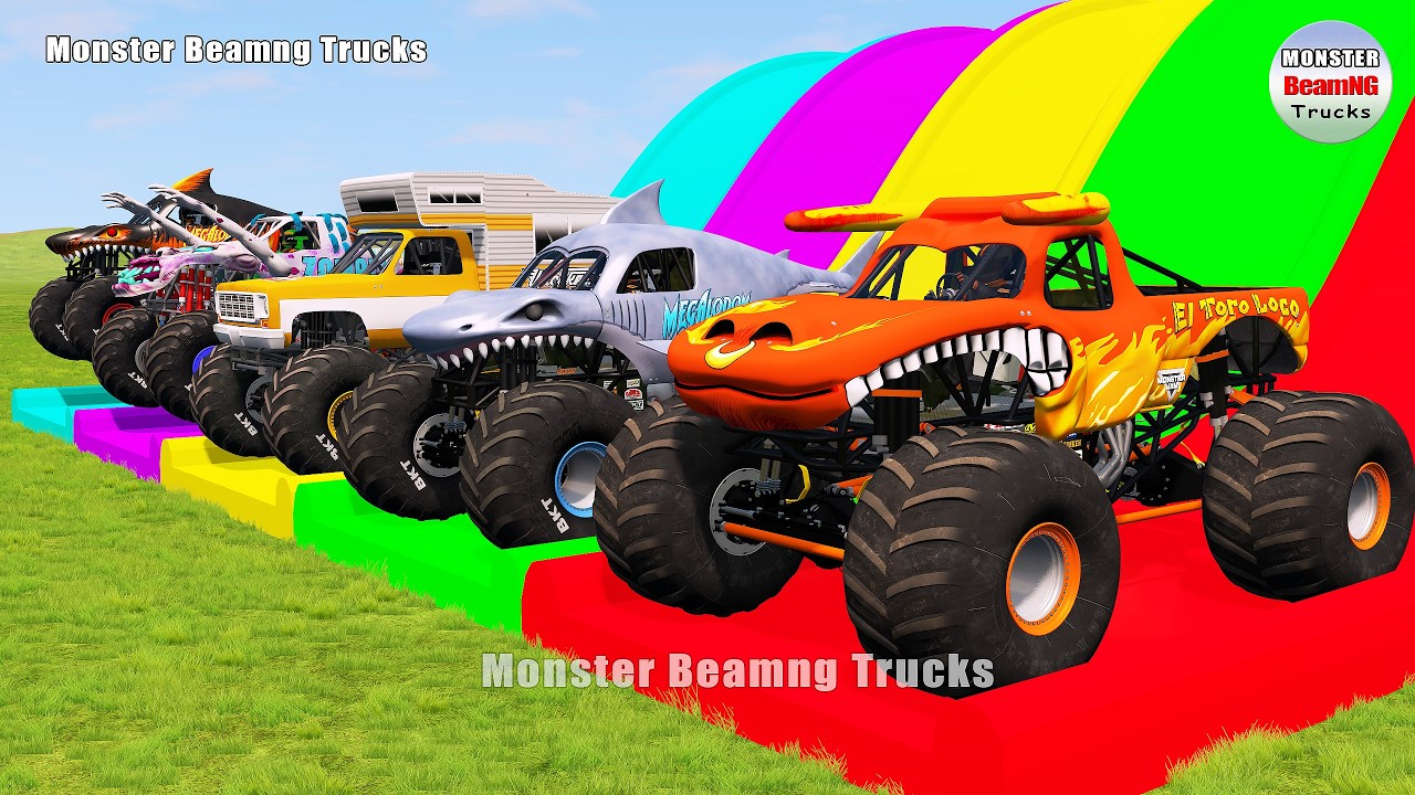 Triple Flatbed Trailer Monster Trucks Transport with Slide Color - BeamNG.drive 524