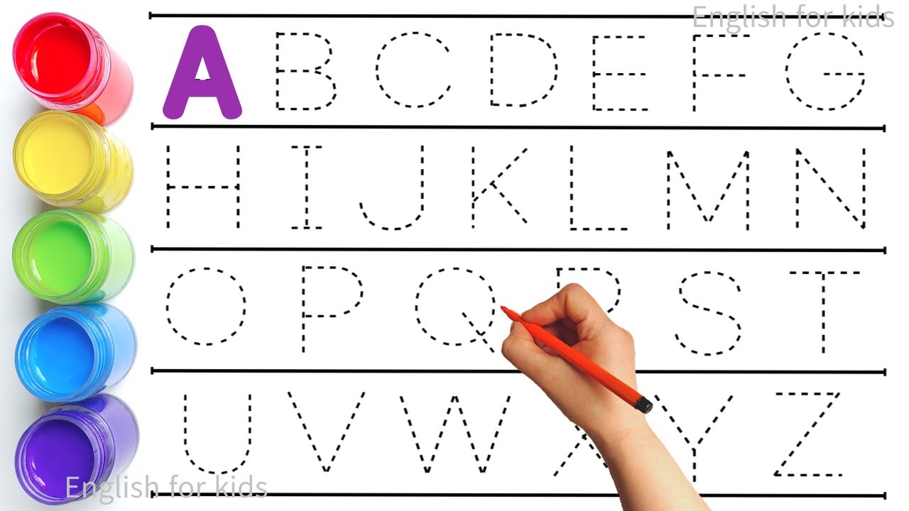 Alphabet, ABC song, abcd, a to z, Kids rhymes, collection for writing along dotted lines for toddler