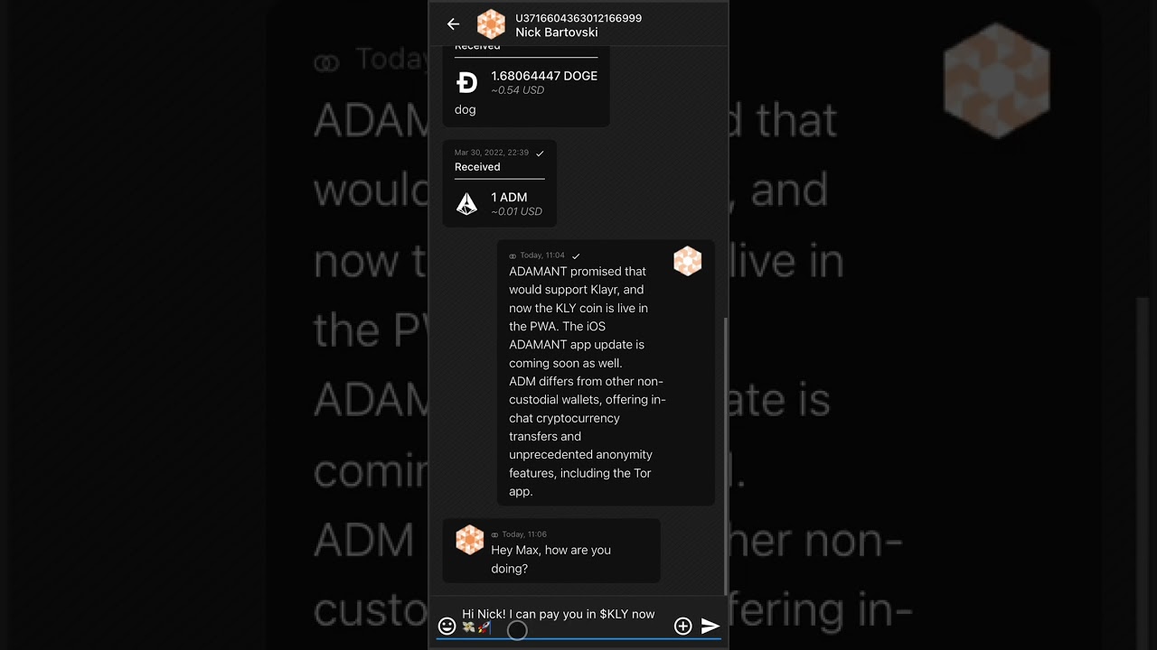 Klayr KLY coin in ADAMANT Messenger: In-chat crypto transfers