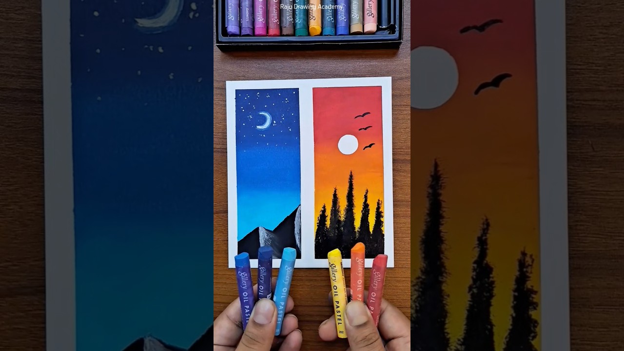 🌙☀️ Day and Night Sky Drawing | Easy Oil Pastel  Landscape for Beginners