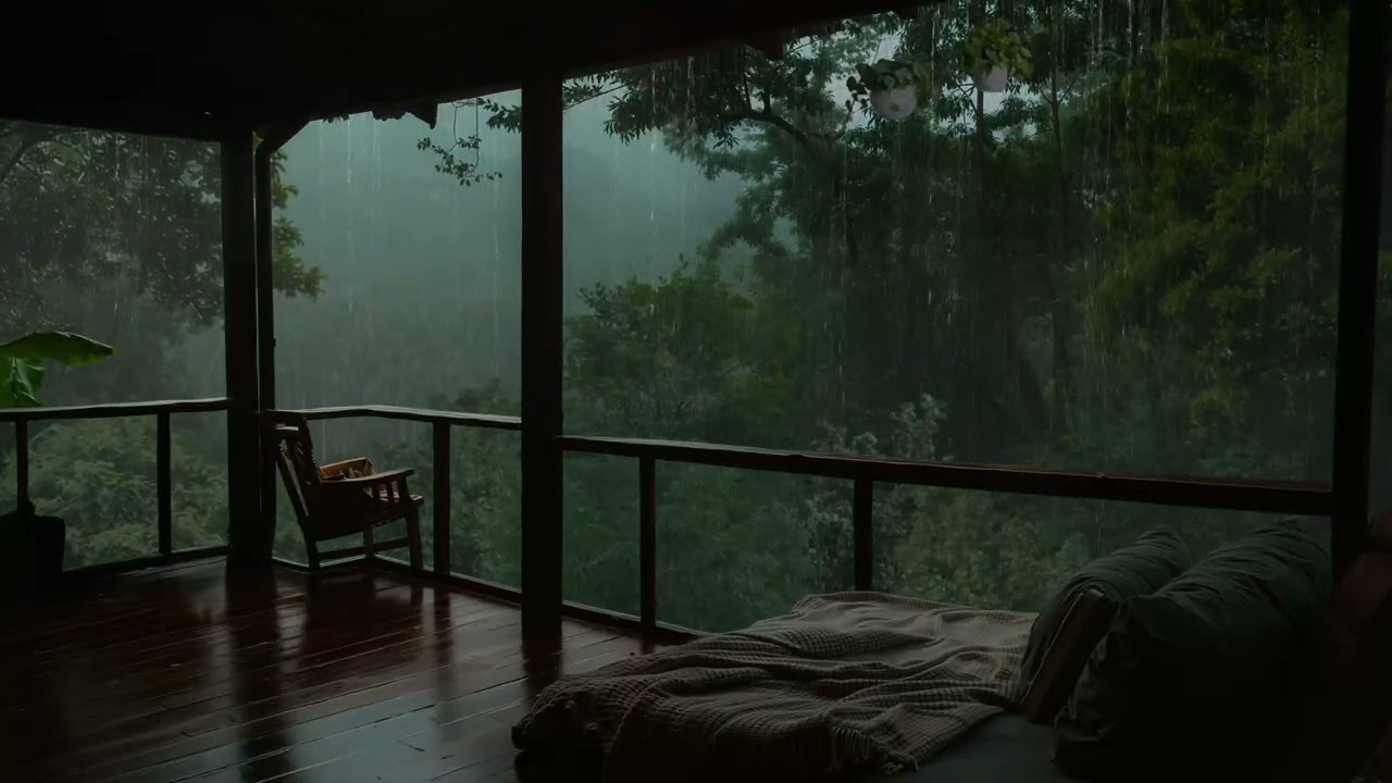 Forest Rain Ambience on a Rainy Day | Cozy Balcony Ambience for Deep Rest