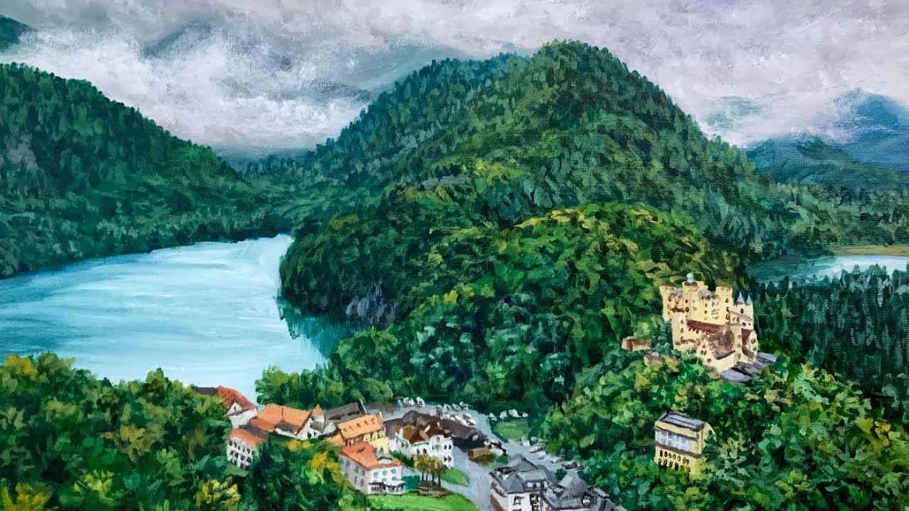 German Mountain Village Acrylic Painting Time Lapse