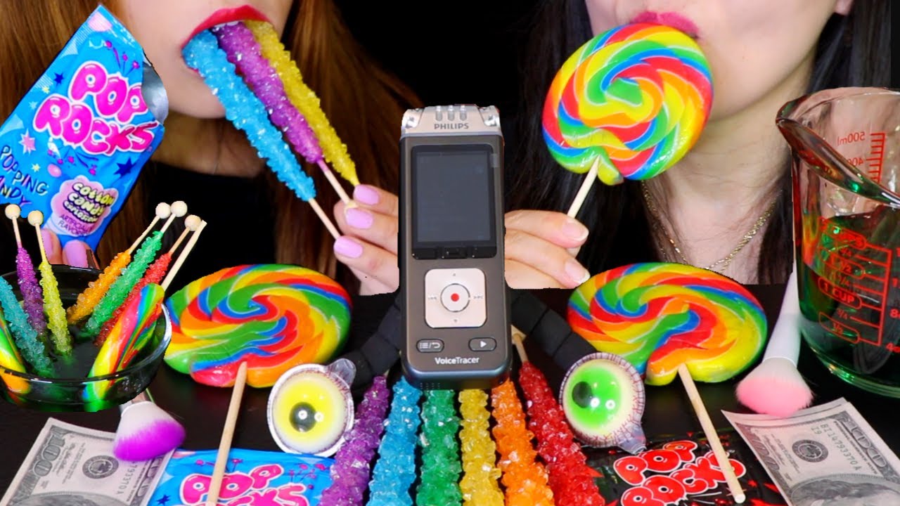ASMR RAINBOW ROCK CANDY, SWIRL LOLLIPOP, GUMMY EYEBALLS, EDIBLE MONEY, MIC BRUSHING, POP ROCKS