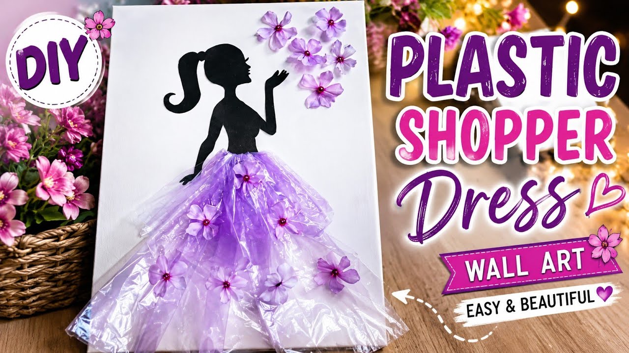 DIY Plastic Shopper Dress Wall Art 🌸 | Easy Cardboard Craft Using Waste Materials
