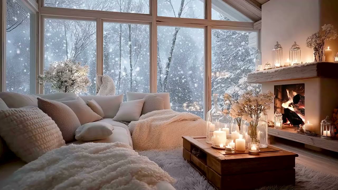 🌨️🕯️ Cozy Winter Piano Room | Snow Falling Outside & Gentle Firelight | Study, Calm, Heal