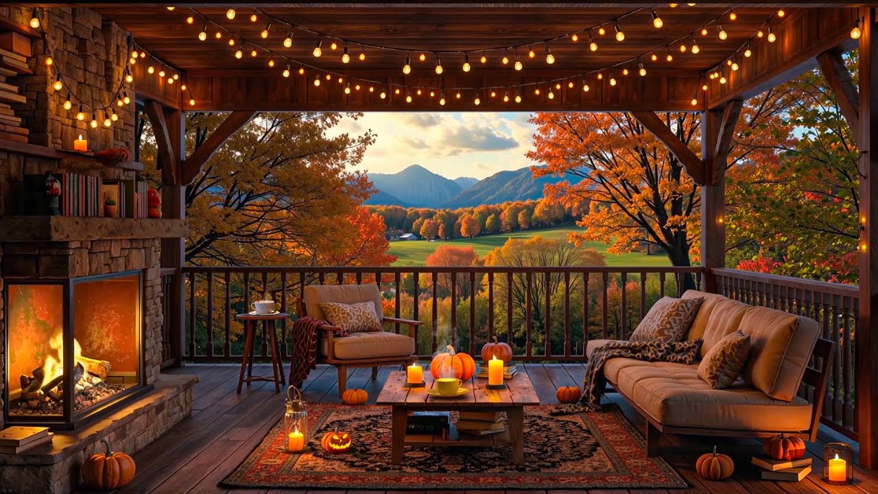 Tranquil Autumn Jazz at Cabin🔥 Warm Fireplace Glow & Fall Mountain Ambience for Deep Work & Study