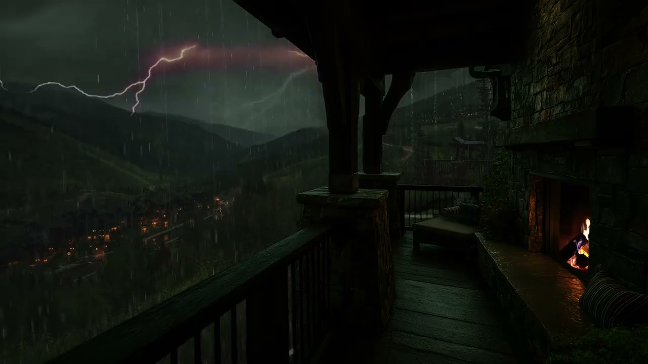Cozy Rainy Porch with Fireplace 🌧️🔥 – Dark Moss Green Evening & Distant Village Lights