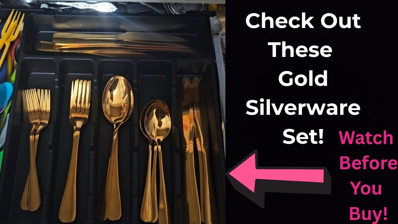 GPY Gold Silverware Set w/Steak Knives, Titanium Plated Gold Cutlery with Mirror Finish