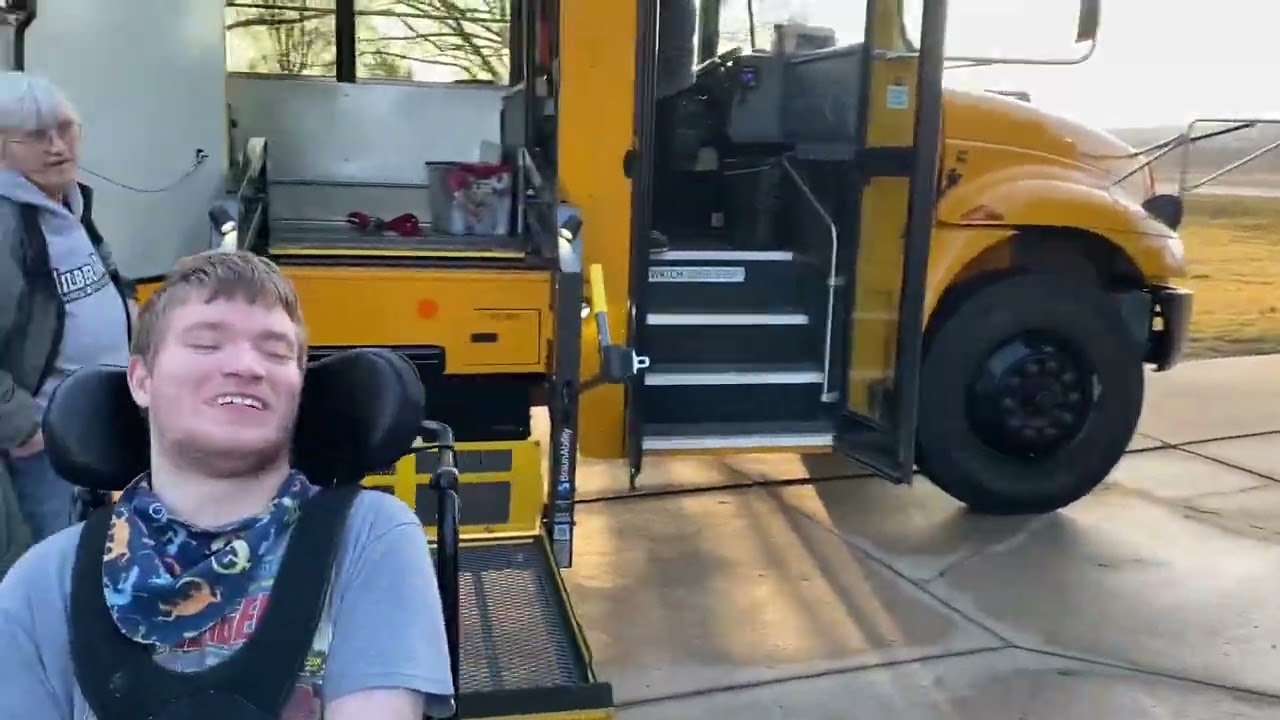 Sam getting on the school bus lift to Waldron for another day of school 3.4.24 @onthatnote