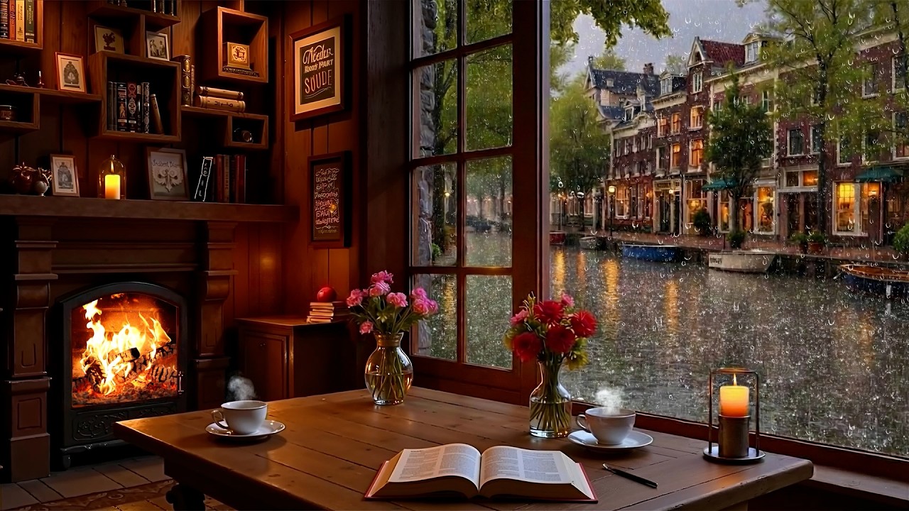 Deep March Rainy Night Jazz ☕ Cozy Coffee Shop & Crackling Fireplace Sounds for Study & Work