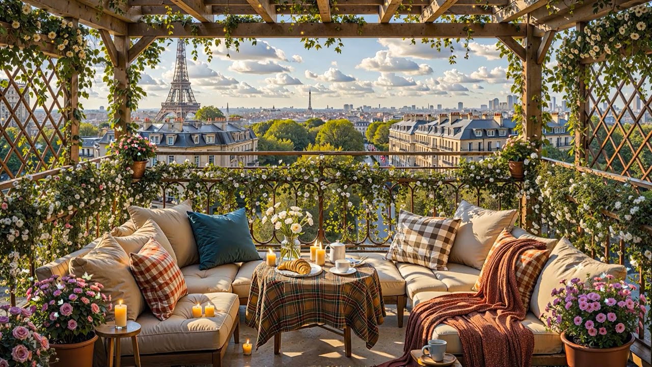 Stress Relief with Paris Rooftop Coffee Shop ~ Smooth Jazz Instrumental & Relaxing Spring Nature