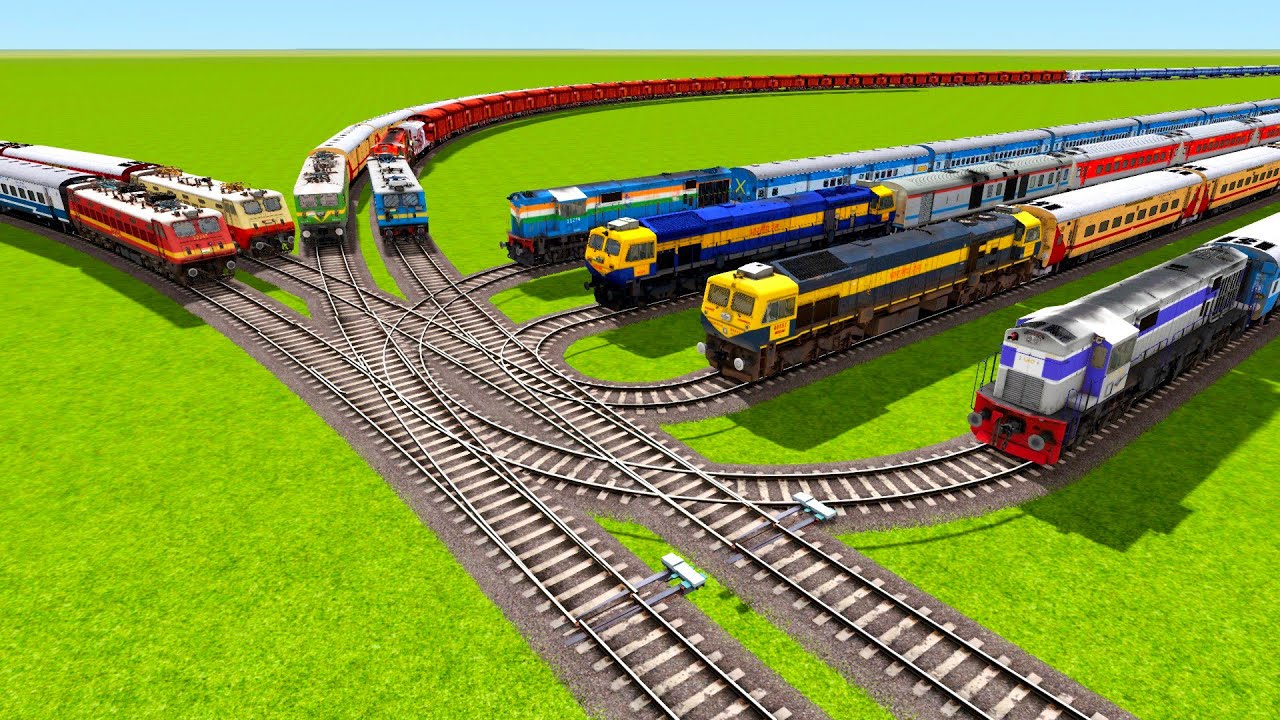FOUR DIESEL U SHAPE RAILWAY TRACKS TRAINS VS FOUR ELECTRIC TRAINS BROUGHTLY PASSING|Train simulator|