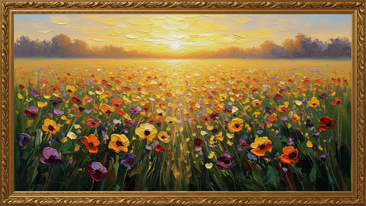 Golden Sunset Flower Meadow | Calm Decorative TV Art 2 Hours