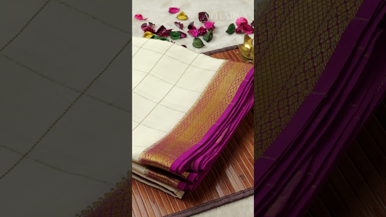 Celebrate with Pure Mysore Silk Saree in Checks Pattern | White & Purple Border | +91 9148735430