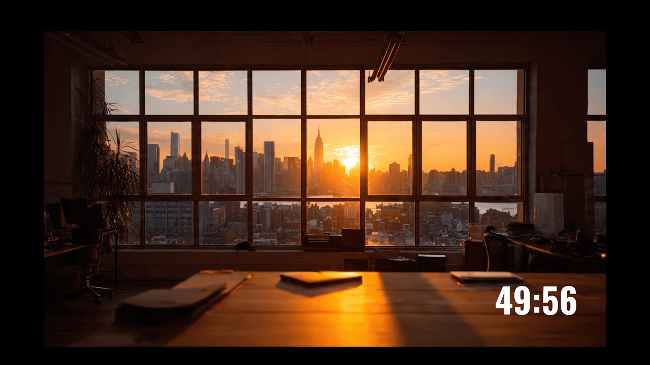 50 Minute Pomodoro | New York Office at Sunset • Soft Piano & Distance City Sounds