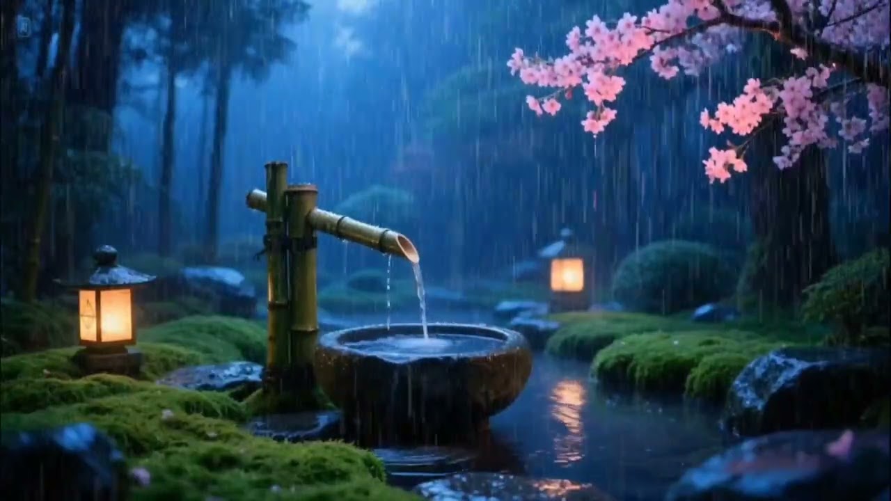 Soft Evening Rain and Piano in a Zen Garden | Sleep Aid and Gentle Relaxation