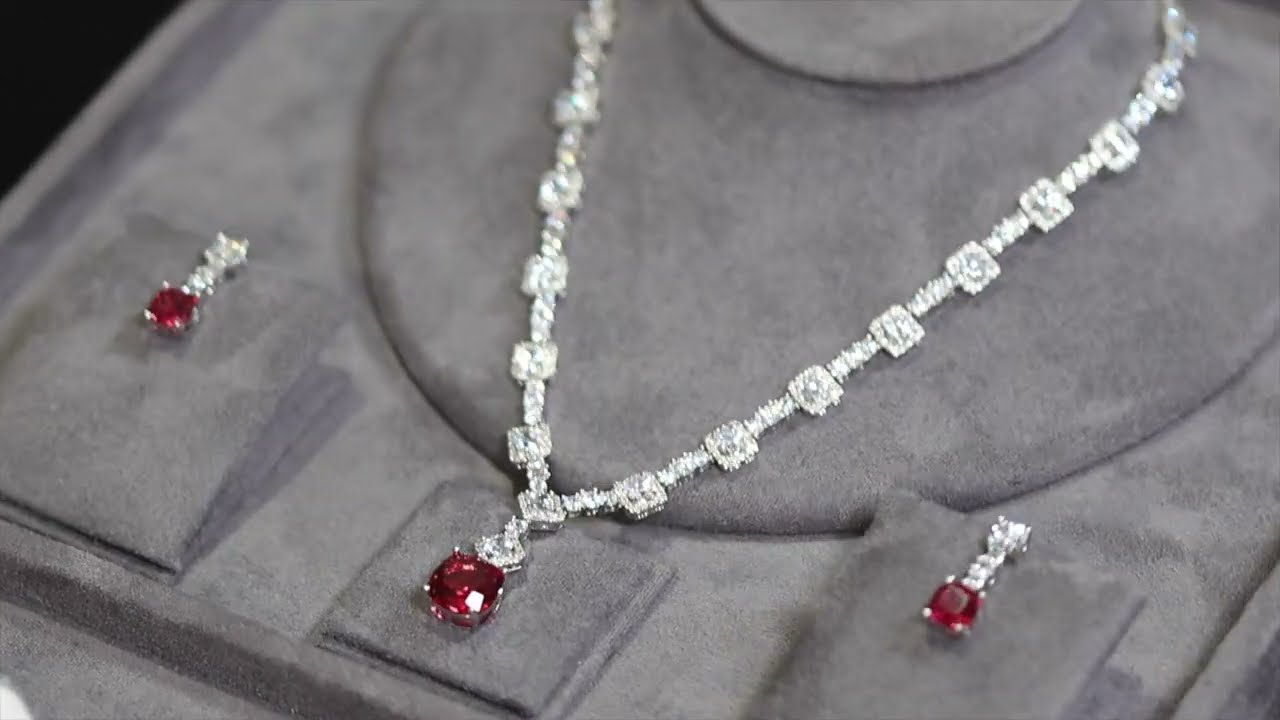 Red diamond wedding necklace earrings set, Red diamond wedding set, red diamond necklace