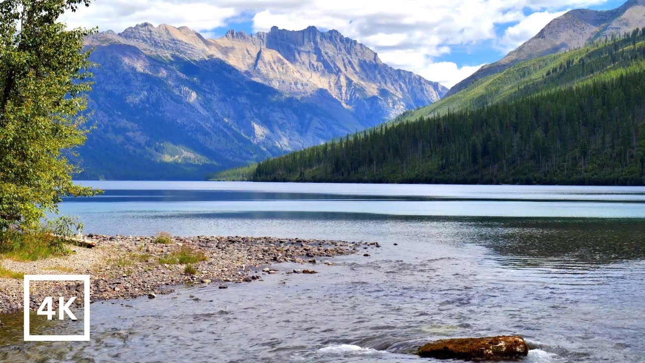 4K Kintla Lake Ambience | Glacier National Park | Gentle River Rapids | Water  Sounds | White Noise