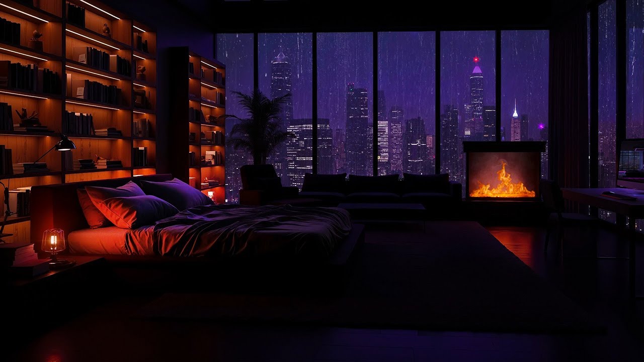 Midnight Rain in a Modern City Bedroom 🌧️ | Deep Sleep Piano & Fireplace Ambience