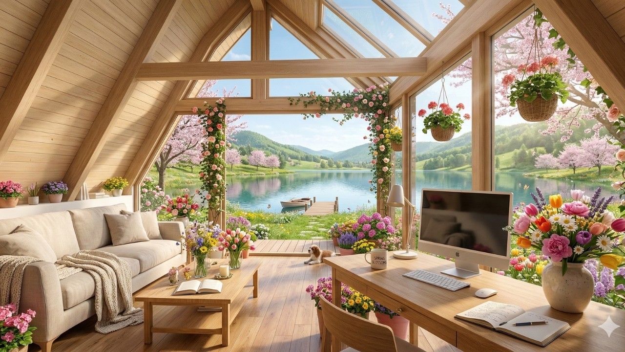 Cozy Spring Lake Jazz 🌸 LoFi Jazz Music with Relaxing Flower Garden & Sunlit Study Room