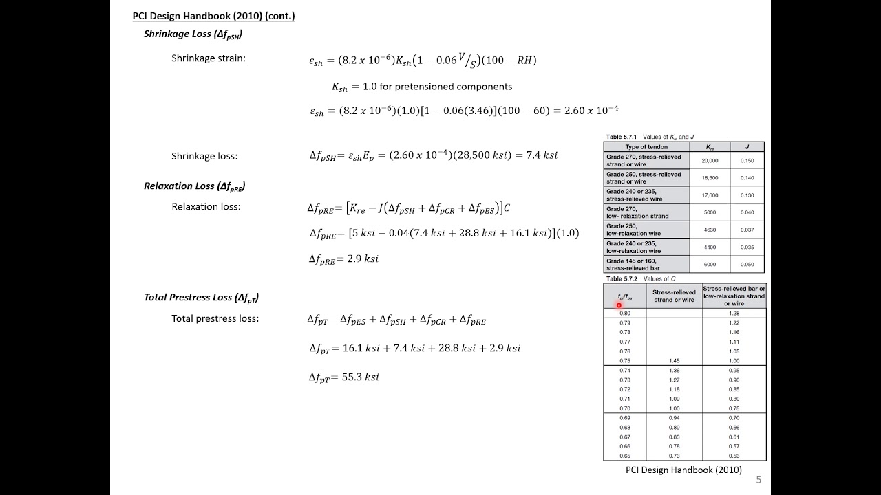 Prestressed Concrete Design - 11 - Example 1 - Prestress Loss Estimation w/ AASHTO and PCI Handbook