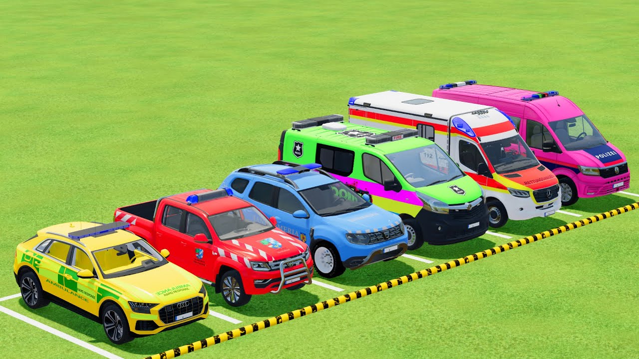 TRANSPORTING POLICE CARS, FIRE DEPARTMENT, AMBULANCE VEHICLES WITH TRUCKS ! Farming Simulator 22 #93